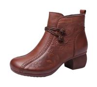 Botas Cortas de Mujer Vintage Suela Suave, Botas de Tobillo Tacón Medio para Mujeres de Mediana Edad Que Realza el Temperamento Botines de Piel, Antideslizante Ligeras Que No Cansan los Pies