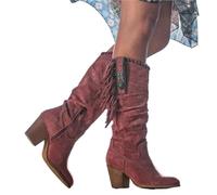 Botas Cowboy Camperas Altas Mujer Botas altas hasta la rodilla con borlas vintage for mujer, de gamuza sintética, con tacón cuadrado, estilo western, botines cortos con punta puntiaguda, talla grande