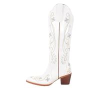 Botas Cowboy Camperas Altas Mujer Botas vaqueras con punta puntiaguda, cremallera lateral y bordado floral for mujer, botas tacón grueso(CD250436A,35)