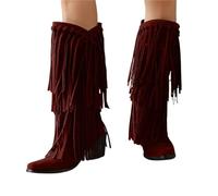 Botas Cowboy Camperas Altas Mujer Botas vaqueras estilo retro étnico occidental for mujer, talla grande 45, tacón medio, borlas, flecos, hasta la rodilla(Red,24.5cm)