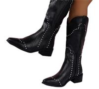 Botas Cowboy Camperas Altas Mujer Botas vaqueras retro con remaches a media pantorrilla for mujer, botas de tacón alto y punta puntiaguda, sin cordones, estilo vaquera Boras(Black,23cm)