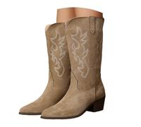 Botas Cowboy de Mujer, Botas de Invierno de Gamuza con Detalles de Costura Contraste, Botas Altas Occidentales Estilo Vaquero con Tacón Grueso, Ideal para Día a Día y Ocasiones Especiales