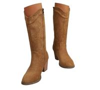 Botas Cowboy de Mujer, Botas de Invierno de Gamuza con Detalles de Costura Contraste, Botas Altas Occidentales Estilo Vaquero con Tacón Grueso, Ideal para Día a Día y Ocasiones Especiales