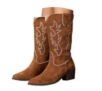 Botas Cowboy de Mujer, Botas de Invierno de Gamuza con Detalles de Costura Contraste, Botas Altas Occidentales Estilo Vaquero con Tacón Grueso, Ideal para Día a Día y Ocasiones Especiales