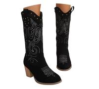 Botas Cowboy de Mujer, Botas de Invierno de Gamuza con Detalles de Costura Contraste, Botas Altas Occidentales Estilo Vaquero con Tacón Grueso, Ideal para Día a Día y Ocasiones Especiales