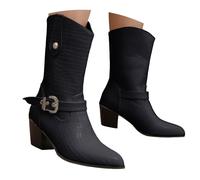 Botas Cowboy de Mujer, Botas de Invierno de Gamuza con Detalles de Costura Contraste, Botas Altas Occidentales Estilo Vaquero con Tacón Grueso, Ideal para Día a Día y Ocasiones Especiales