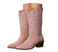 Botas Cowboy de Mujer, Botas de Invierno de Gamuza con Detalles de Costura Contraste, Botas Altas Occidentales Estilo Vaquero con Tacón Grueso, Ideal para Día a Día y Ocasiones Especiales