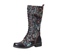 Botas Cowboy Mujer Bordadas, Botas Altas Mujer Planas Con Cordones Punta Redonda Moda Retro Empalme Aire Libre Casuales Bota Cremallera Lateral Antideslizantes Comodas Salvaje Otoño Invierno Bota