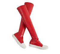 Botas Cuero elásticas por Encima Rodilla para Mujer, Punta Redonda, tacón Grueso, Deslizamiento Plano en Cuero Sexy, Botas Altas cálidas vellón elástico quirúrgico para Montar,Rojo,35.5 EU