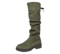 Botas de ante con punta redonda hasta la rodilla alta, cordones con volantes y tacón apilado trasero para una experiencia cómoda y moderna en el calzado, Verde oscuro., 37 EU