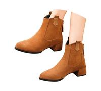 Botas de ante con tacón grueso a media pantorrilla, botines con cremallera trasera para cómodos - Zapatos de invierno, marrón, 37 EU