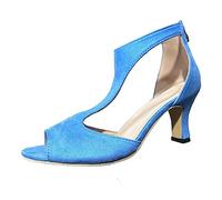 Botas de baile con puntera abierta para mujer, de gamuza, tacón alto, para salón de baile, salsa latina, tango, con cremallera en la espalda, zapatos de fiesta, Azul A, 37.5 EU