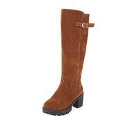 Botas De Caballero Mate con Punta Redonda Y Hebilla De Cinturón Inferior Gruesa De Tacón Cuadrado Grande Botas Altas para Mujer,Marrón,46 EU
