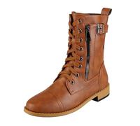 Botas de caña corta para mujer, botines planos con cordones con cremallera lateral, tallas grandes, botas de cuero de un solo color, tacón de bloque medio, botas antideslizantes para otoño e invierno