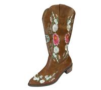 Botas de caña larga para mujer con tacón bordado, botas largas de piel, botas de invierno cálidas, botas de vaquero con puntas, botas Chelsea impermeables a prueba de viento, botas occidentales, para