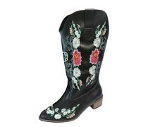 Botas de caña larga para mujer con tacón bordado, botas largas de piel, botas de invierno cálidas, botas de vaquero con puntas, botas Chelsea impermeables a prueba de viento, botas occidentales, para