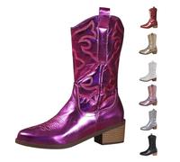 Botas de charol para mujer, botas de tacón de bloque para mujer, zapatos de tacón bajo bordados con cremallera lateral, botas de media pantorrilla, botas de inspiración étnica, zapatos casuales de
