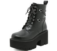 Botas de Combate con Tachuelas y Cordones de Plataforma para Mujer,Botines góticos con Cadena de Charol de Moda,Cremallera Sexy con Hebillas Botas de Motocicleta Punk,8 Black,38 EU
