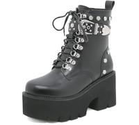 Botas de Combate con Tachuelas y Cordones de Plataforma para Mujer,Botines góticos con Cadena de Charol de Moda,Cremallera Sexy con Hebillas Botas de Motocicleta Punk,5 Black,40.5 EU