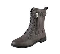 Botas de combate de estilo militar a media pantorrilla, aspecto de cuero negro, cordones con cremallera lateral, detalle de hebilla, botines con cremallera para mujer, gris, 38.5 EU