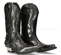 Botas de Cuero de la PU Vintage Western Cowboy Boots Embroidery Biker Boots Slip on Casual Shoes Pointed Toe Boots,Negro,45