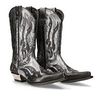 Botas de Cuero de la PU Vintage Western Cowboy Boots Embroidery Biker Boots Slip on Casual Shoes Pointed Toe Boots,Plata,45