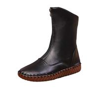 Botas de cuero para mujer, botas de invierno con forro polar sintético, cálidas, de altura media, color sólido, cremallera frontal, parte inferior gruesa, botas casuales, inteligentes, zapatos de