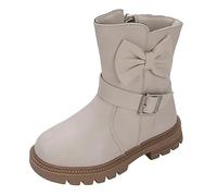 Botas de cuero para niñas de media pantorrilla con tacón de bloque, suela suave, lazo, cálidas, cómodas, informales, con cordones, calzado elegante para niños grandes, Reino Unido, White, 31 EU