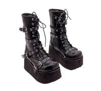 Botas de cuña de punta redonda y hebilla para mujer, tallas grandes, estilo punk gótico, urbano, botas de combate for, Negro , 42 EU