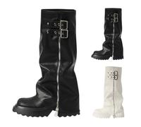 Botas de cuña plegables para mujer, con hebilla alta hasta la rodilla, botas de motociclista para mujer, plataforma de tacón grueso, botas de invierno antideslizantes para caminar con cremalleras