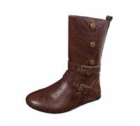 Botas de equitación de tacón plano de media altura con correa decorativa con hebilla para un atuendo cómodo y casual, marrón, 38 EU