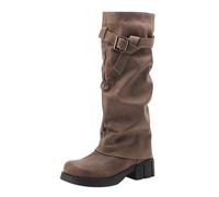 Botas de equitación para mujer, pantorrilla ancha, botas de vaquero para mujer, botas altas del oeste, con tacón de bloque, botas de senderismo, hebilla de cinturón, botas de vaquera, botas de