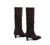 Botas de gamuza de vaca para mujer, para otoño e invierno, con tacón alto y grueso, punta cuadrada, botas altas hasta la rodilla, Black, 45 EU