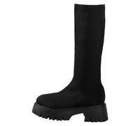 Botas de invierno con suelas gruesas de punto calcetines largos para mujer calcetines elásticos punta redonda tacón medio alto para días fríos zapatos resistentes al aire libre, Negro , 40 EU