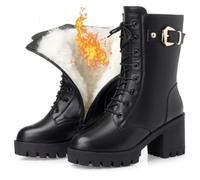 Botas de Invierno de Mujer de Cuero, Forro de Felpa, Zapatos de caña Media para Exterior, Trabajo, Caminata y Calor,Negro,37