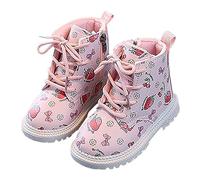 Botas de invierno de piel con forro polar para niñas, con estampado de fresa dulce, botas cortas de charol cálidas, zapatos de moda británica antideslizantes para exteriores, botines acogedores para