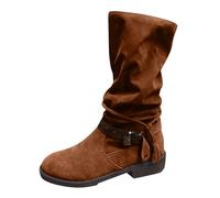 Botas de invierno forradas para mujer, color sólido, botas medianas de altura, talla grande, punta redonda, cremallera lateral, tacón grueso, duraderas, antideslizantes, botas medianas, marrón, 39 EU
