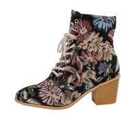 Botas de invierno para mujer, botas casuales con cordones bordadas de flores, zapatos cálidos clásicos, modernos, versátiles, puntiagudos, zapatos de tacón grueso, botas para exteriores, botas