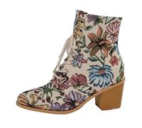 Botas de invierno para mujer, botas casuales con cordones bordadas de flores, zapatos cálidos clásicos, modernos, versátiles, puntiagudos, zapatos de tacón grueso, botas para exteriores, botas