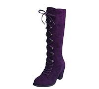 Botas De Invierno Para Mujer Botas Cavalier Botas a Media Pantorrilla Botas Con Cordones De Gamuza Botas Altas De Tacón Grueso Purple 41