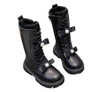 Botas de invierno para niñas, botas altas de cuero impermeables, con forro térmico, suela antideslizante, botas largas de princesa con lazo para la escuela, zapatos cómodos para niños, 04 Negro, 31 EU
