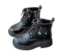 Botas de invierno para niños, estilo británico, de piel, con forro polar, para niños y niñas, con cordones, antideslizantes, cálidas, con cremallera lateral, calzado acogedor para niños, Black, 31 EU