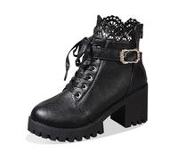 Botas de Invierno Planta Ancha y Cremallera Trasera de Cuero de Moda Invierno para Mujer, Botas de Tacón Alto y Cordones Botas Descuentos, Negro , 37 EU