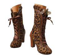 Botas de media caña con punta redonda de ante y estampado de leopardo para mujer, con cremallera, encaje y tacón grueso, para salidas informales a la escuela Botas De Agua Mujer Baratas (Brown, 38)
