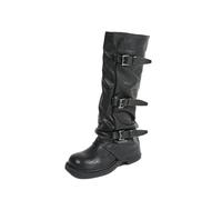 Botas de Media Pantorrilla con tacón Grueso y Cierre Lateral para Mujer, Botas de Cuero Desgastado Estilo Motociclista para Noches de Club, Viajes y atuendos de Festival,Negro,36 EU