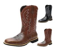 Botas de media pantorrilla para hombre, botas vaqueras clásicas bordadas de cabeza ancha, antideslizantes, vintage, de piel sintética, para conciertos, bodas diarias, Brown, 42 2/3 EU