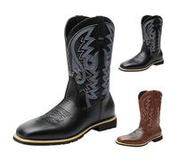 Botas de media pantorrilla para hombre, botas vaqueras clásicas bordadas de cabeza ancha, antideslizantes, vintage, de piel sintética, para conciertos, bodas diarias, Black, 38 2/3 EU