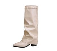 Botas de media pantorrilla para mujer, con puntera puntiaguda, hasta la rodilla, con correa de hebilla, cómodos botines de cuero para trajes casuales de otoño e invierno. Tendencias de moda, White