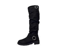 Botas de media pantorrilla para mujer, de ante sintético, con hebilla, puntera puntiaguda, tacón de bloque, botas altas hasta la rodilla para mujer, zapatos de equitación occidentales, Black, 37 EU
