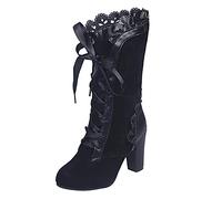 Botas de media pantorrilla para mujer, de piel sintética, con volantes, con cordones, puntera puntiaguda, tacón de bloque, botas altas hasta la rodilla, zapatos de equitación occidental para caminar